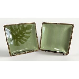 Clay Art‎ Zanzibar Monstera Leaf Plate Set of 2 Bamboo Hand Painted Stoneware
